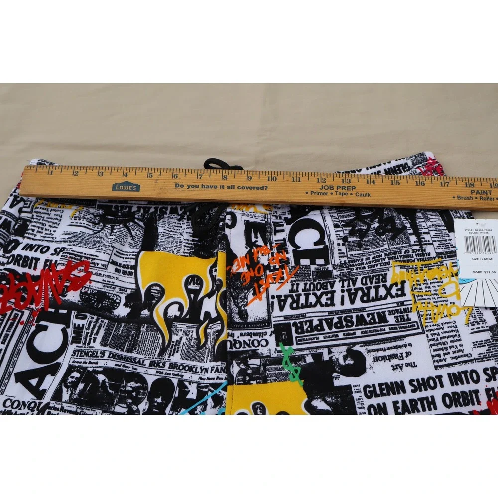 Fresh Prints of Bel-Air Newspaper Graffiti Flame Board Shorts Mens Large NWT